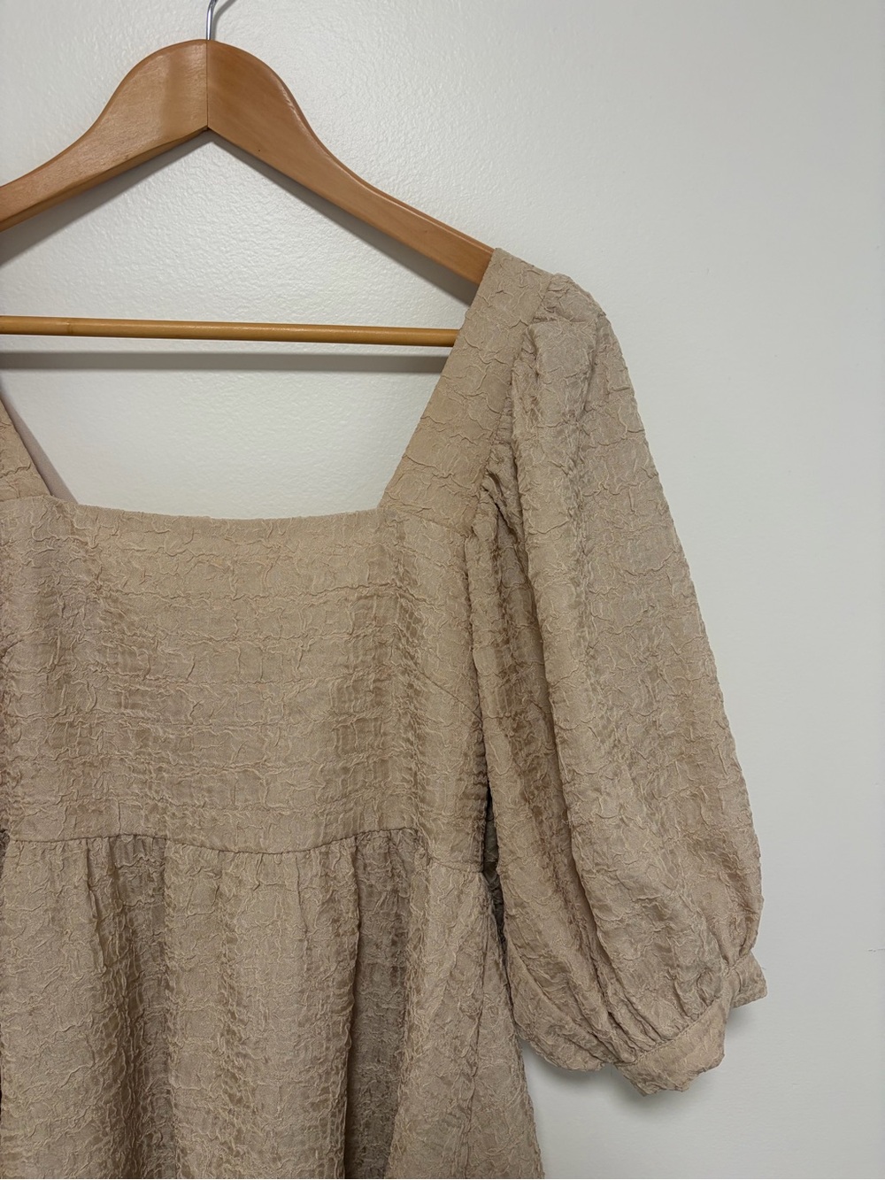 On You Primp Boutique Puff Sleeve Crepe Mini Dress Champagne